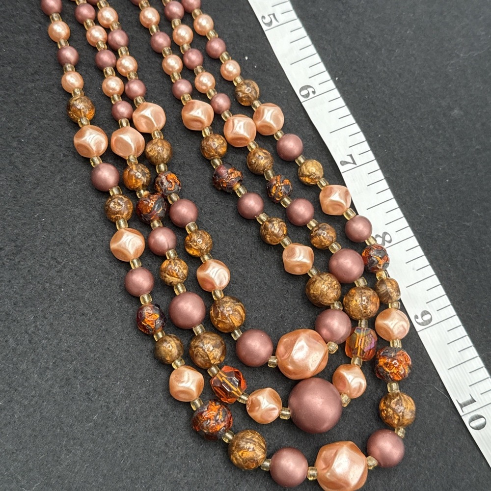 Vintage Japan Triple Strand Faux Pearl Necklace Peach Brown Orange 17-19 inches - Picture 9 of 10